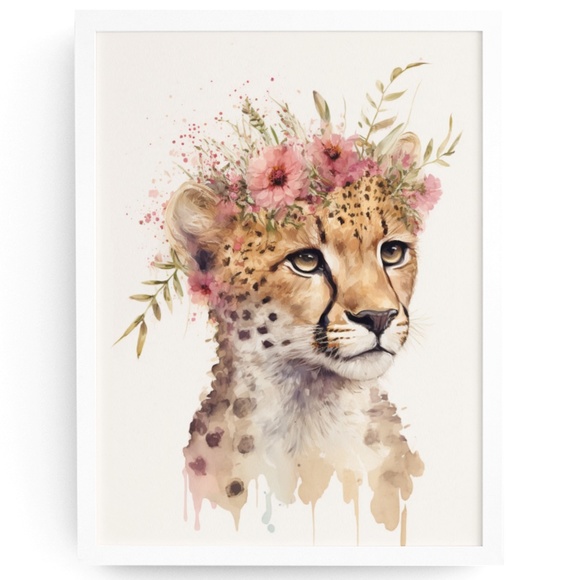 Other - Cute Floral Cheetah Watercolor Wall Art Illustration Print Poster Card Unframed